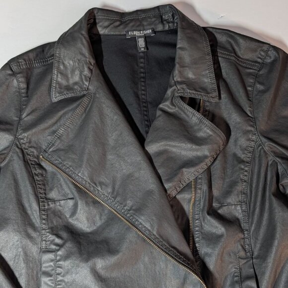Eileen Fisher Waxed Cotton Moto Jacket Womens Size 1X Faux Leather Organic Blend - Picture 8 of 9